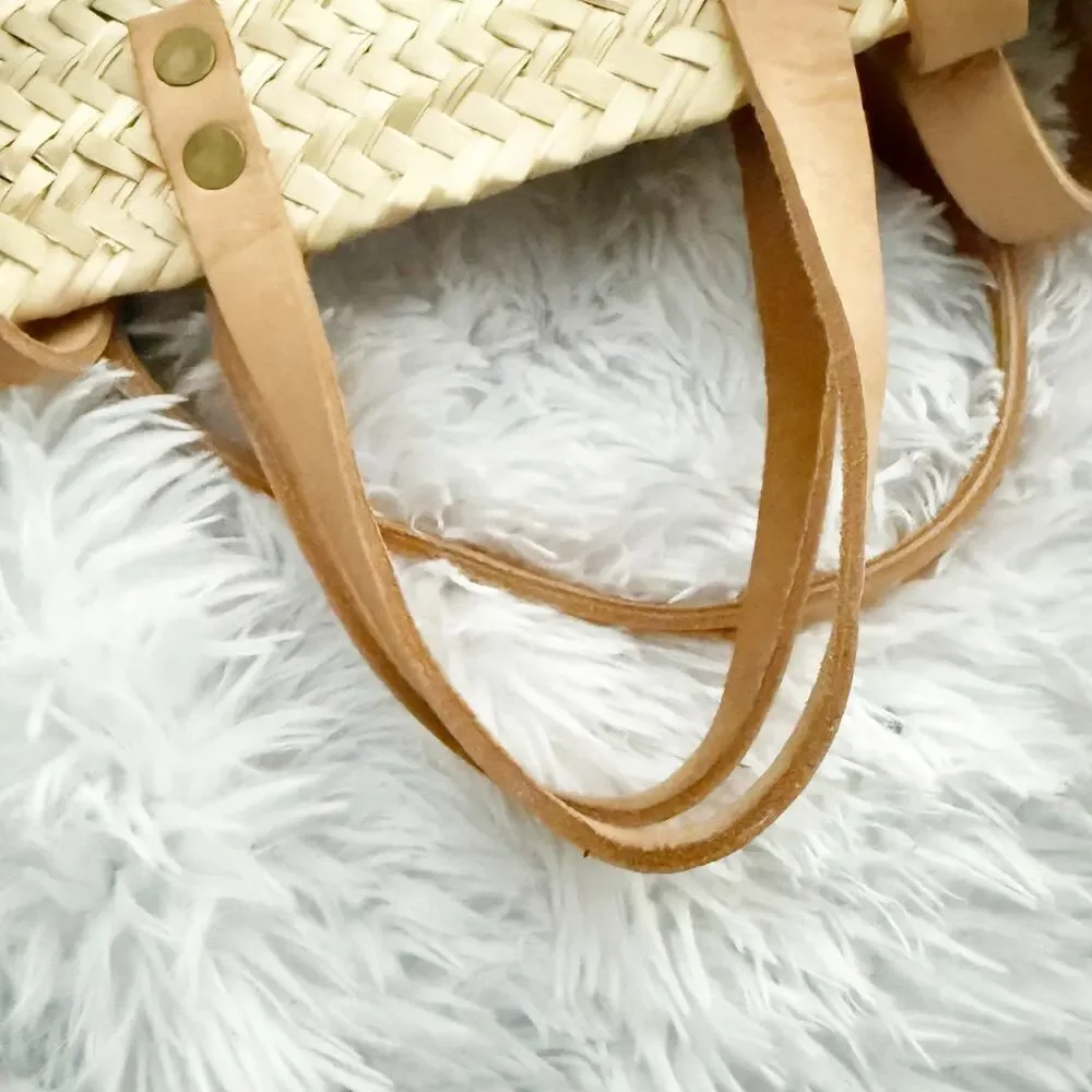BOUTIQUE | Rattan Woven Wicker Basket Style Backpack Tote Bag Leather Straps - Picture 7 of 7
